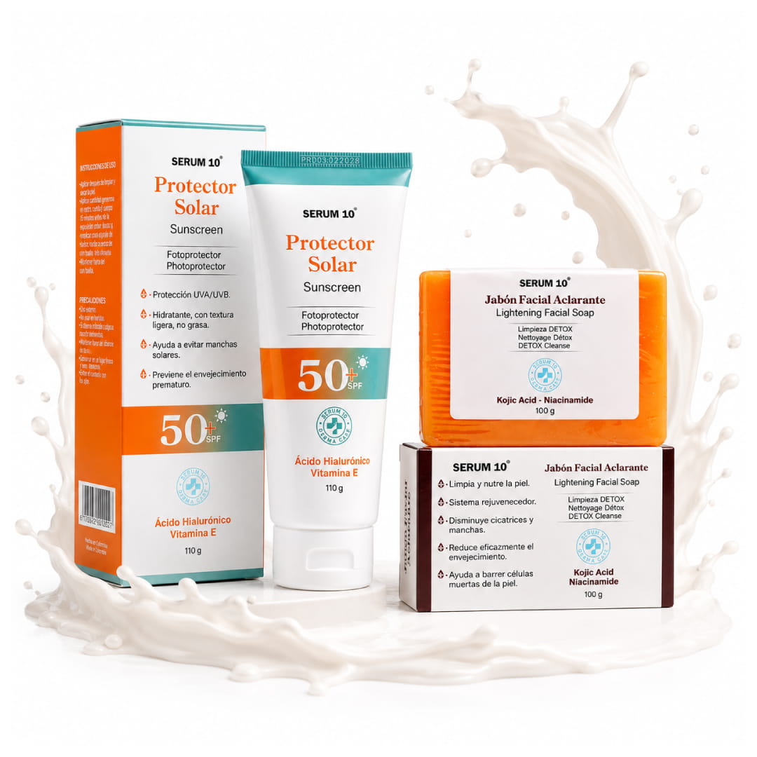 ¡Combo Piel Radiante! Jabón Despigmentante + Protector Solar SPF 50+ 🌞